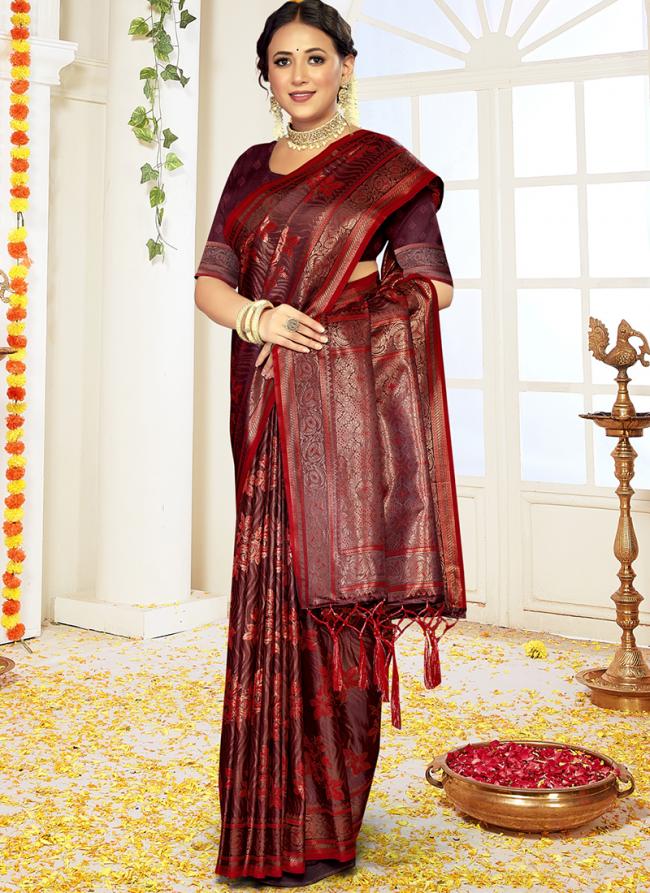 Sattin Silk Maroon Festival Wear Weaving Saree